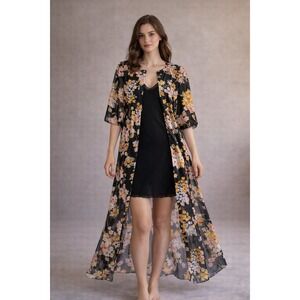 Vintage Saks Fifth Avenue Floral Duster Peignoir Black Nylon Maxi Cover Up